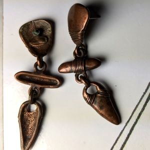 Vintage Copper tone metal Post Earrings Antique look Primitive Rustic style